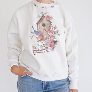 Vintage White Birdhouse Rose Bluebird Cottagecore Sweatshirt Embellished M